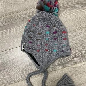 KAVU Knit Pom Stocking Ski Winter Hat With Tassel/Strings. Polka Dot Multi Color